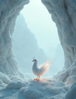 The primary subject of the image is a white bird, likely a peacock, standing on a snow-covered hill. The bird is surrounded by a beautiful, snowy landscape, which creates a serene and peaceful atmosphere. The visual style of the image is a combination of photo and digital art, giving it a unique and artistic appearance. The colors in the image are predominantly white and shades of blue, which further enhance the overall mood and beauty of the scene.